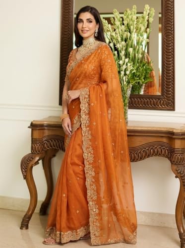 Image of ORHANS Women's Organza Silk Saree with Unstitched Blouse Piece Heavy Embroidery Work and Floral Pattern | Womens Sarees for Weddings | Party and Festivals Sari for Woman | Silk Saree