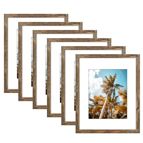 Image of Frametory, 16x20 Picture Frame With Mat for 11x14 Picture - High Definition Glass Wide Molding - Preinstalled Wall Mounting Hardware (Rustic Brown, 6 Pack)