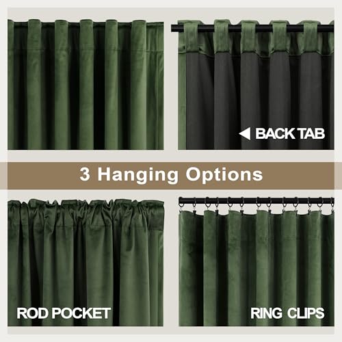 Image of Olive Green Velvet Back Tab Curtains 90 Inches Long 2 Panel for Living Dining Room Rustic Neutral Cottagecore Elegant Heavy Drape Decorative Moss Green Curtain for Bedroom Movie Theater French Country