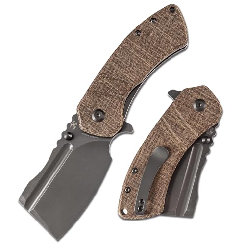 KANSEPT M+ Korvid Pocket Folding Knives Pocket Knife 3.07''Gray Anodized and Stonewashed CPM S35VN Blade,Burlap Brwon Micarta Handle,Cleaver Pocket Camping Knife for Everyday Carry K2030C4U