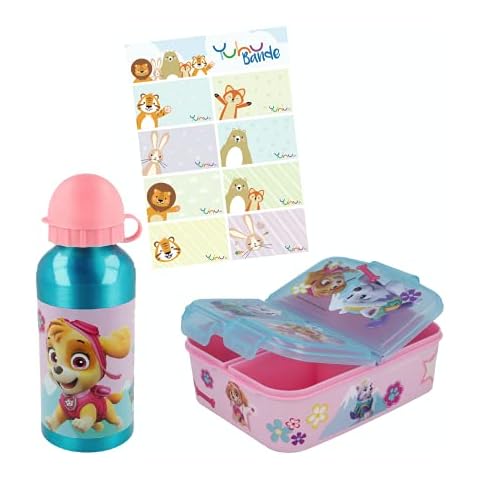 Paw Patrol Skye Lunch Set Aluminium Water Bottle + Premium Lunch Box Breakfast Set + Name Sticker Cover