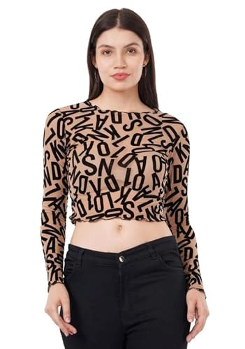 Image of ICW Women Long-Sleeves Round Neck Net Printed Transparent Mesh Sheer Crop Top T-Shirt DN38(Mix Print)