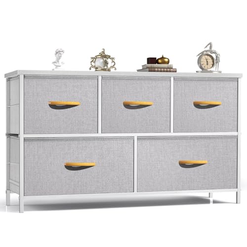 ROMOON Dresser for Bedroom, Wide Closet Dresser with 5 Drawer, Small Fabric Storage & Chests of Drawers for Kids Bedroom, Closet, Living Room, Hallway. (Grey)
