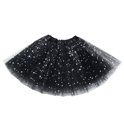 EUPSIIU Tütü Star Minirock Tüllrock Kinder Mädchen Röcke Tutu, Prinzessin Tüllrock, 3 Schichten Tüll Paillette Ballett Tanz Rock für Karneval Geburtstag Halloween Party (Schwarz)