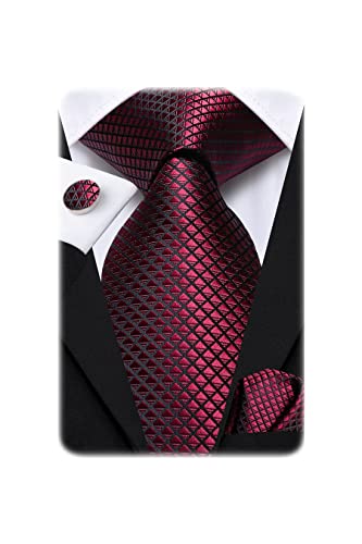Hi-Tie Mens Plaid Ties Classic Paisley Necktie with Handkerchief Cufflinks Set Business Stripe Tie