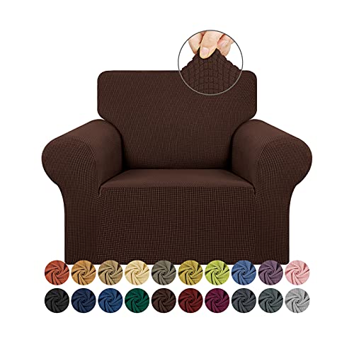 KEKUOU Stretch Single Sofa Slipcover 1 Piece Couch Sofa Cover (31"-55") Furniture Protector 1 Seater Sofa with Elastic Bottom for Kids,Pet.Jacquard Small Checked Pattern Fabric(Small,Chocolate)
