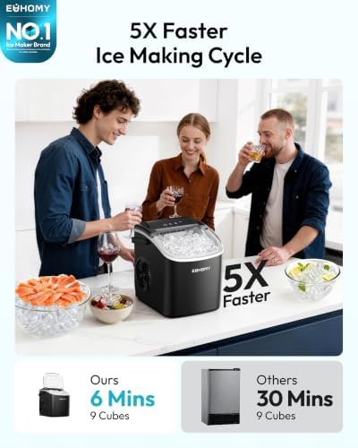 EUHOMY Countertop Ice Maker Machine with Handle, 26.5lbs Per Day, 9 Ice Cubes Ready in 6 Mins, Auto-Cleaning Portable Ice Maker with Basket and Scoop, for Home/Kitchen/Camping/RV (Black) - 1