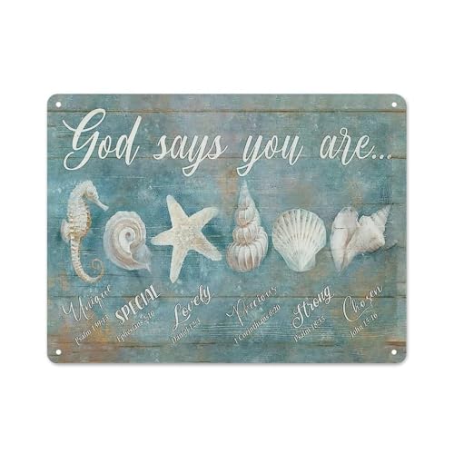 FixeLLD Rustic Retro Metal Tin Sign Ocean Beach Nautical Seashell Starfish Wall Art God Says You are Wall Decor Rustic Shell Coastal Country Wall Art Home Courtyard Wall Decor 12x16 Inch