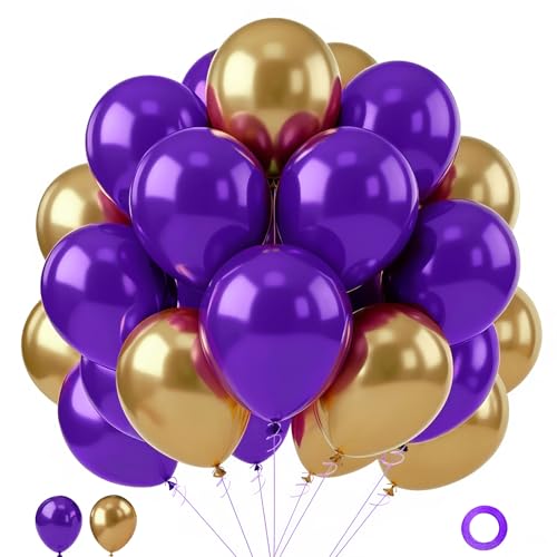 Image of Purple and Gold Balloons,60pcs12inch Dark Purple and Metallic Gold balloon for Graduation Wedding Birthday Party Decorations