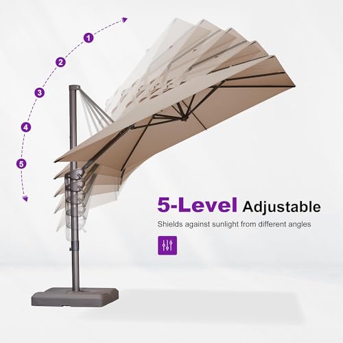 Image of PURPLE LEAF Patio Umbrella with Base 10' X 13' Bronze 5 Level Tilt, Taupe
