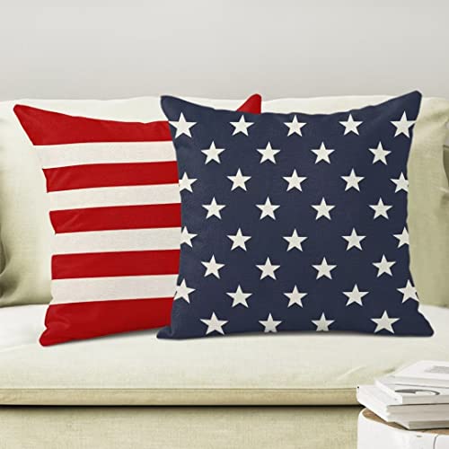 Gohdiwh 4Th Of July Throw Pillow Cover, 18X18 Inch Set Of 2 Red Stripes Blue Stars Patriotic Decorative Outdoor Cushion Cover Memorial Independence Day Pillow Cases Linen Farmhouse For Sofa Couch Bed #TOP3
