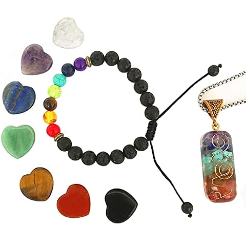 FULLINY Crystals and Healing Stones Set, 7 Heart Chakra Stones+Chakra Bracelet+Chakra Necklace,Crystals for Beginners,Healing Crystals and Stones Set,Gemstones and Crystals Cover