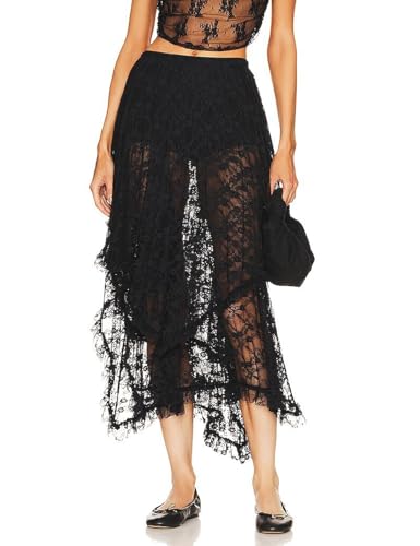 ROJZR Womens Lace Sheer Long Skirt Boho Elastic Asymmetrical