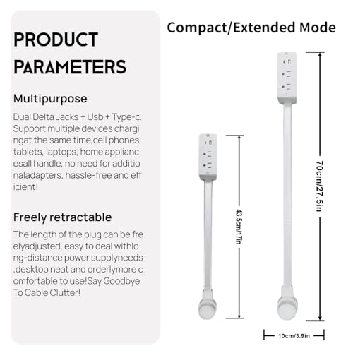 Extensión eléctrica PULOSYI con 2 tomas, puertos USB-A y USB-C, cable retráctil de 22 a 27 pulgadas y enchufe rotativo 180° miniatura 2
