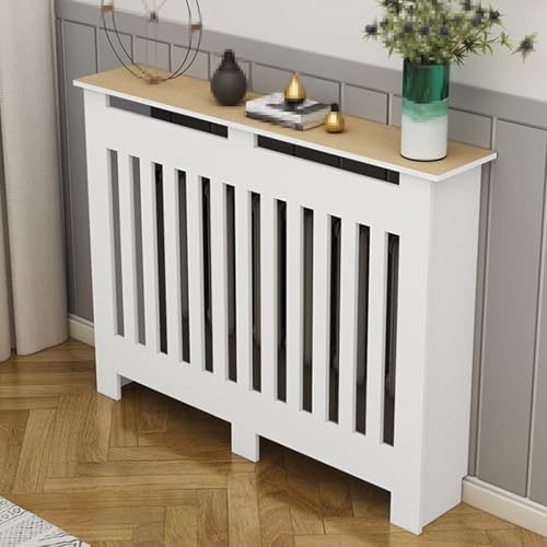 Gabinete Moderno Blanco con Cubierta para radiador y Estante, Tapa de radiador de MDF, Mueble de salón Decorativo para Espacios pequeños, Estante Vertical con Rejilla de Rejilla (120 x 90 x
