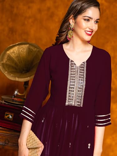 Image of EthnicJunction Women's Georgette Relaxed Fit A Line Embroidered Naira Cut A-Line Kurta | Karva Chauth Special Kurta