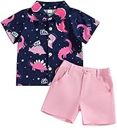 Toddler Baby Boy Clothes Shorts Set Dinosaur Print Shirt Short Sleeve Button Down Top Solid Short...