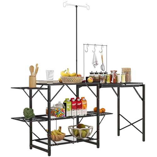 Outsunny Folding Camp Kitchen Table, Portable Camping Cooking Station with Adjustable Lantern Holder, Hanging Hooks and Carrying Bag for Outdoor Picnic Beach BBQ Traveling