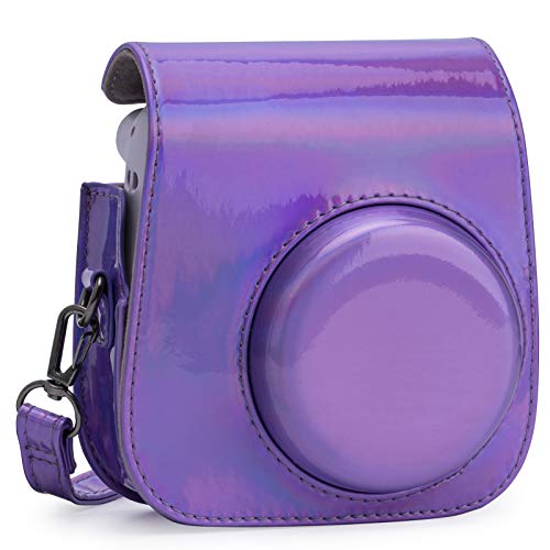 Frankmate Etui na aparat ze skóry PU kompatybilne z aparatem Fujifilm Instax Mini 11 12 Instant z regulowanym paskiem i kieszenią (magiczny fiolet)