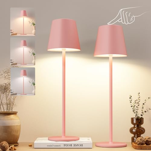 Image of Kakanuo Pink Cordless Table Lamps, Rechargeable Lamp, Battery Operated Lamps, Touch Control Table Lamps, 3 Color Temperature, Stepless Dimmable, LED Portable Wireless Battery Lamp, Set of 2