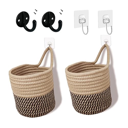 RUIYIZIXIN 2 Pack Hanging Basket Organizing,Small Wall Baske with Hooks,Cotton Rope Woven Hanging Storage Basket for Living Room Bedroom Kitchen Bathroom,Boho Baskets for Wall Decor