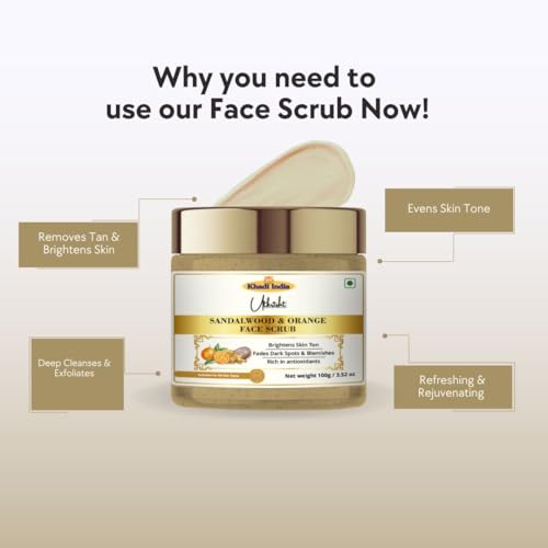 Image of Khadi Sandalwood & Orange Face Scrub 100 gm | Refreshing & Rejuvenating | Exfoliating Scrub with Vitamin C | Brightens, Even Out Skin Tone | All Skin Types | Tan Removal Scrub for Men & Women