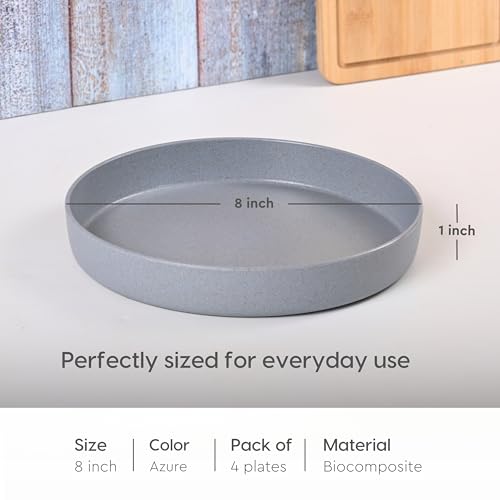 Image of Eha Earth Friendly Verde Round Plates | Set of 4 | 8 inch | Made with Rice Husk Biocomposite | Breakfast Plates | Unbreakable Dinner Plates Set | Microwave Safe | Azure