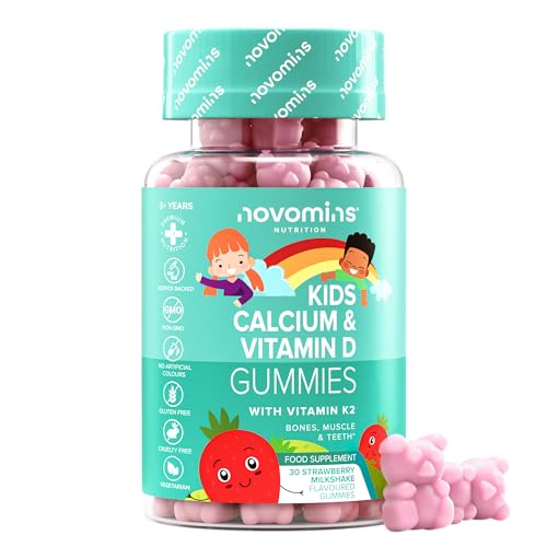 Calcio con Vitamina D3 y K2 para Niños - 30 Gominolas - Sin Gluten - 160 mg de Calcio, 400 UI de Vitamina D y 200 µg de K2 por Ración - para Huesos, Dientes y Músculos - 1 Mes - Novomins