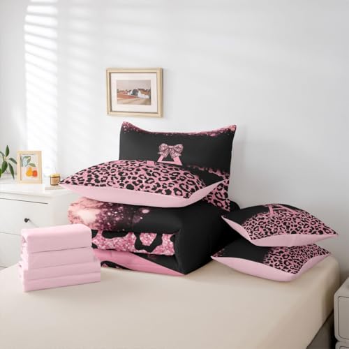 Image of Feelyou Bow Initial Letter A King Comforter Set with Sheets for Kids Boys Girls Glitter Leopard Print 7 Pieces Bedding Set Girly Bow Bed in a Bag Room Decor Soft Lightweight Microfiber