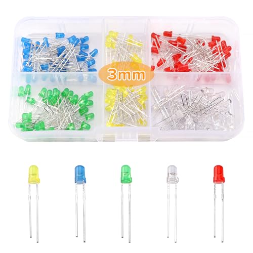 Lyeteung 150 Pièces 3mm Diodes LED, 2-Broches Diode Électroluminescente, LED Diode Rond, Blanc/Rouge/Jaune/Vert/Bleu