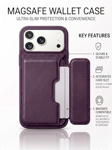 Image of amazon basics Luxury Vegan Leather Back Cover for iPhone 17 Pro | Built-in Card Holder Slot | Integrated Mobile Stand | Slim Shockproof Protective Case with Stitched Finish - Purple