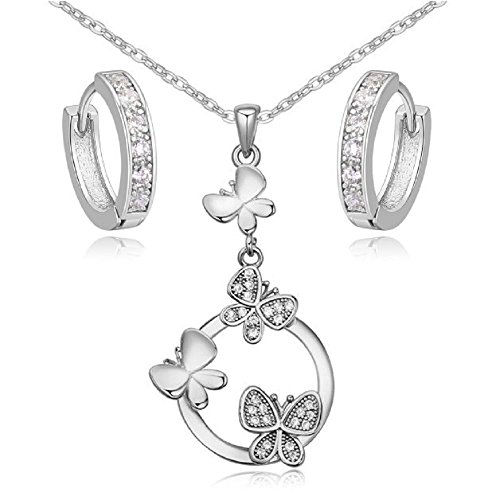 Preisvergleich Produktbild Schmetterlinge Schmuck-Set Weiß Österreichische Zirkonia Kristalle Halskette Anhänger 45 cm Huggie Ohrringe 18 kt Weiß Vergoldet