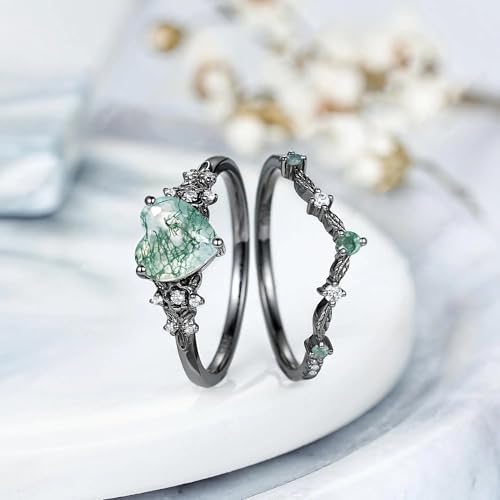 High-grade Vintage Nature Moss Agate Engagement Ring Sets for Women Art Deco Cluster Green Agate Bridal Ring S925 Silver 10K 14K 18K Gold Inspired Promise Wedding Band3