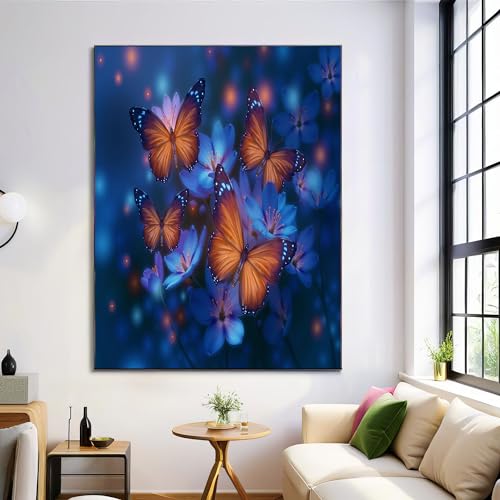 Tableau peinture papillons fleurs bleu 60x90cm pour habiller un grand mur vide