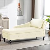 ACMEASE Upholstered Chaise Lounge with Right Armrest & Lumbar Pillow,Button Tufted Lounge Sofa with Storage,Lounge Chair Indoor,Modern Velvet Lounge Chair for Bedroom, Living Room and Office,Beige