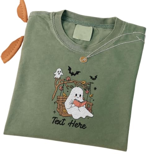Personalized Reading Ghost Embroidered Sweatshirt, Custom Bookish Ghost Shirt, Halloween Crewneck, Cute Fall Gift for Book Lovers & Bookworms Multi