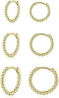 GULICX Small Silver Gold Hoop Earrings for Women, 3Pairs 925 Sterling Silver Beaded Hoop Earrings Set, Hypoallergenic Silver Sleeper Hoops Huggie Cartilage hinged Earring for Women Men Girls 8/10/12mm