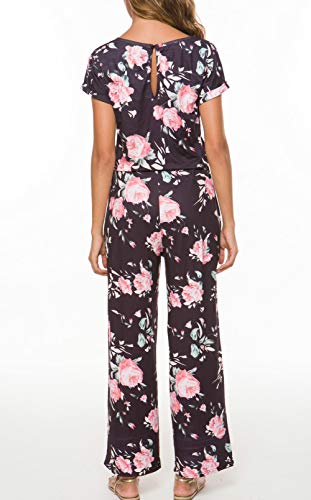 Richcoco Women's Floral Printed Jumpsuit Casual O Neck Loose Long Wide Legs Pants Jumpsuit Rompers With Pockets (Black Summer, Large) #TOP2