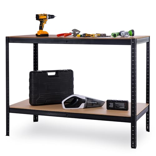 Albert Austin Heavy Duty 2 Tier 120x90cm Garage Workbench Steel Frame with MDF Wood 400kg Load Capacity with Non-Slip Feet Work Table for DIY Tools Home Workshop & Shed 2 Shelves for Storage