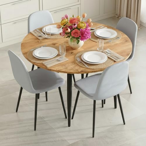 Image of FURNITO Wood Dining Table Set for 4, 42 inch-54 inch Round to Oval Extendable Table with 4 Linen Fabric Chairs, Space-Saving Contemporary Dining Room Set for Small Apartments or Kitchens, Easy Assembly