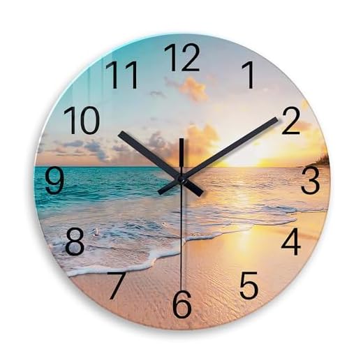 Beach Wall Clock Battery Operated 12 Inch - Glass Wall Clock Non Ticking - Analog Blue Wall Clock for Bedroom Living Room Kitchen Bathroom Office