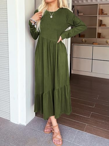 Image of Mieazom Women's Long Sleeves Maxi Dress Casual Loose Tiered Flowy Swing Beach Long Dresses with Pockets