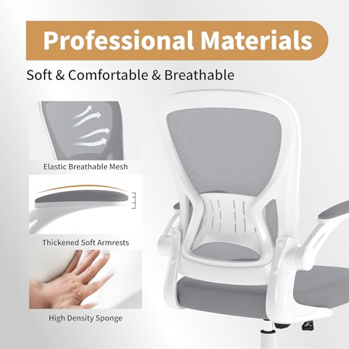 Image of Youhauchair Adjustable Mesh Ergonomic Office Chair with Wheels, Grey | Flip-up Arms, Lumbar Support, Home Desk Chair, Height Adjustable, Breathable, Mid Back Swivel Compurter Chair, Set of 1