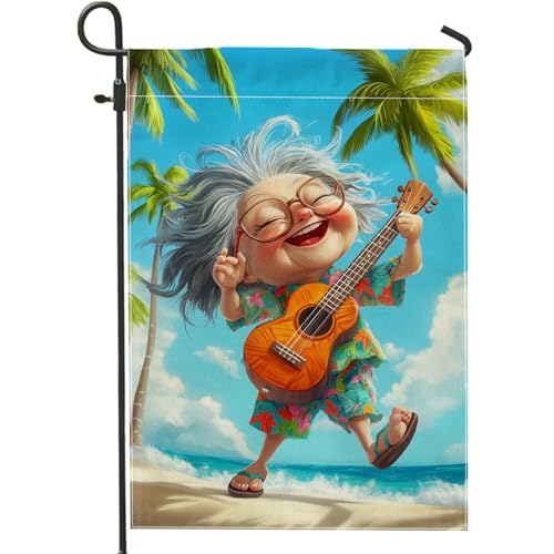 Tropical Beach Garden Flag, Vibrant Ukulele Decor, Summer Outdoor Lawn Banner, Double Sided Tropical Palm Tree Decoration 12x18 Inch