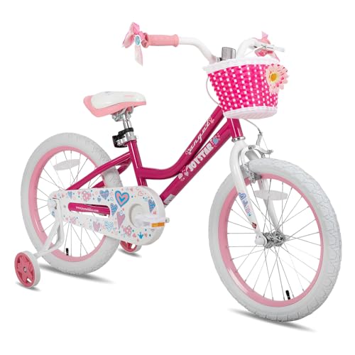 JOYSTAR 18 Inch Girls Bike for 5-9 Years Old Kids Bike for Ages 5-8 Years Girls with Training Wheels and Basket 18 Inch Bikes Bicycle with Handbrake in Fuchsia