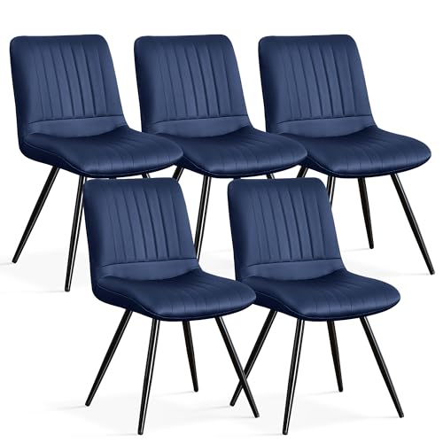 Image of Dining Chairs Set of 5, Modern Dining Chairs with Thick Cushions, PU Leather Upholstered Kitchen Dining Room Chairs with Metal Legs for Dining Living Room (Navy Blue)