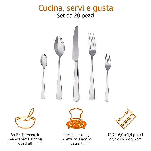 Amazon Basics posate in acciaio inox con bordo squadrato per 4 persone, confezione da 20, Argento - immagine 3
