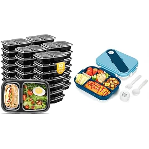 Glotoch Meal Prep Container 10 Pack 32OZ 2 Compartment Containers and Blue Bento Box Lunch Containers 5 Compartment 1400ML Large Capacity Cover