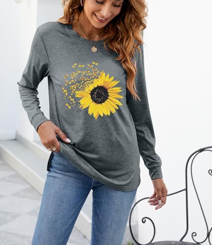 Women's Fall Sunflower T Shirt Cute Graphic Tees Casual Loose Long Sleeve Crew Neck Tunic Tops3
