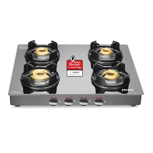 Sujata Deluxe Gas Stove | 9 Years Warranty | Gas Stove 4 Burners Glass Top, 4 Burner Stove, Manual Ignition, SABAF, ISI Certified, LPG & PNG Compatible, Jumbo Brass Burner (Black)